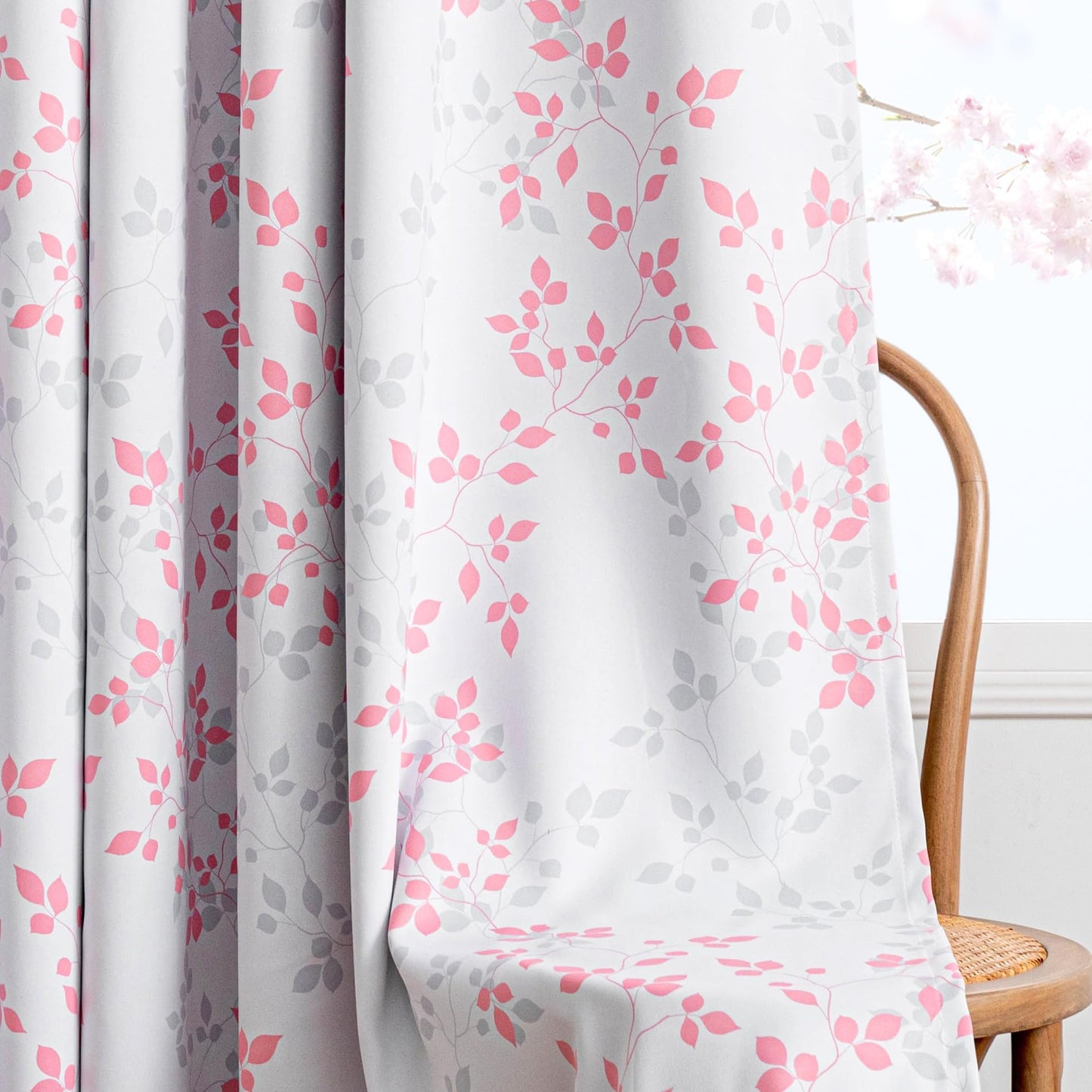 MEETSKY Pink Curtains for Girls Bedroom 95% Blackout Nursery Curtains 84 Inches Long- Leaf Patterned Curtain for Kids Nursery Thermal Insulated Grommet Window Drapes, Each Panels 52 Inch Wide