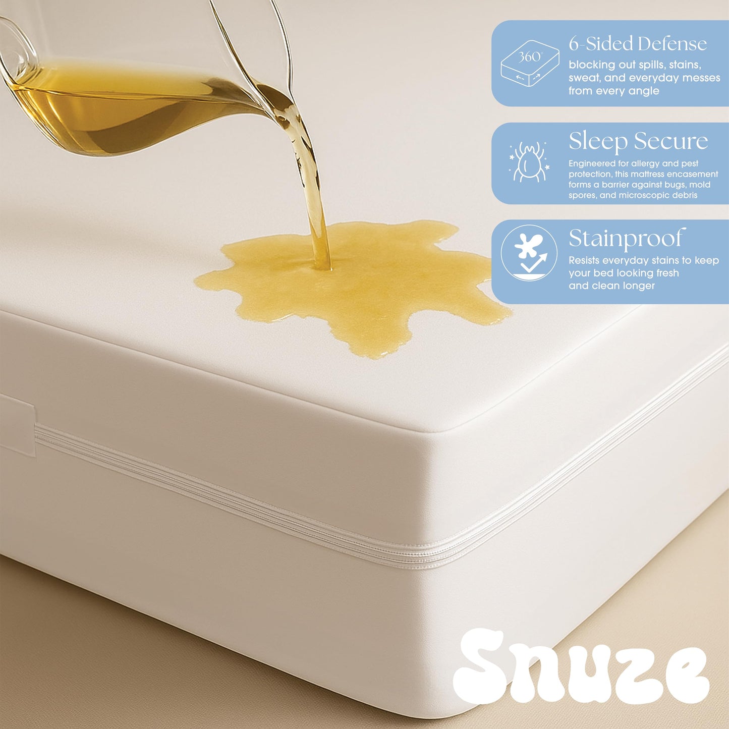 Snuze Total Protection Mattress Encasement Queen Size, 6-Sided Waterproof Mattress Cover Zippered Encasement for Allergen and Dust Protection, Machine Washable, Fits Up to 15” Deep Mattress