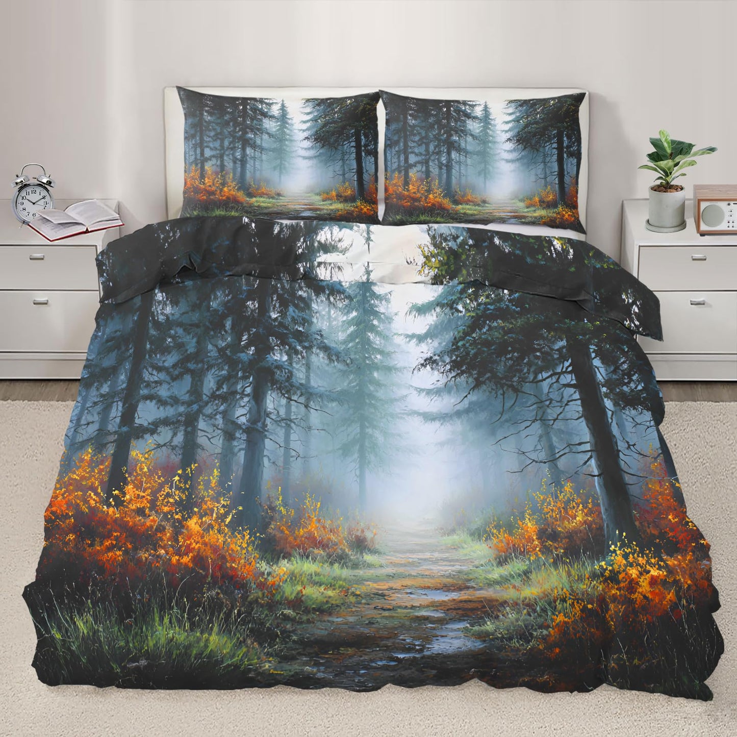 Misty Forest Duvet Cover 80" x 90", Forest Path Bedding Set, Natural Woodland Tree Comforter Cover with Zipper Ties