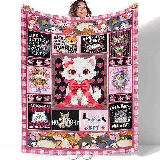 XSMEI Cat Throw Blanket, Cute Kitten Quotes Collage, Soft Cozy Fleece Blanket for Couch Bed, 60 x 80 Inches