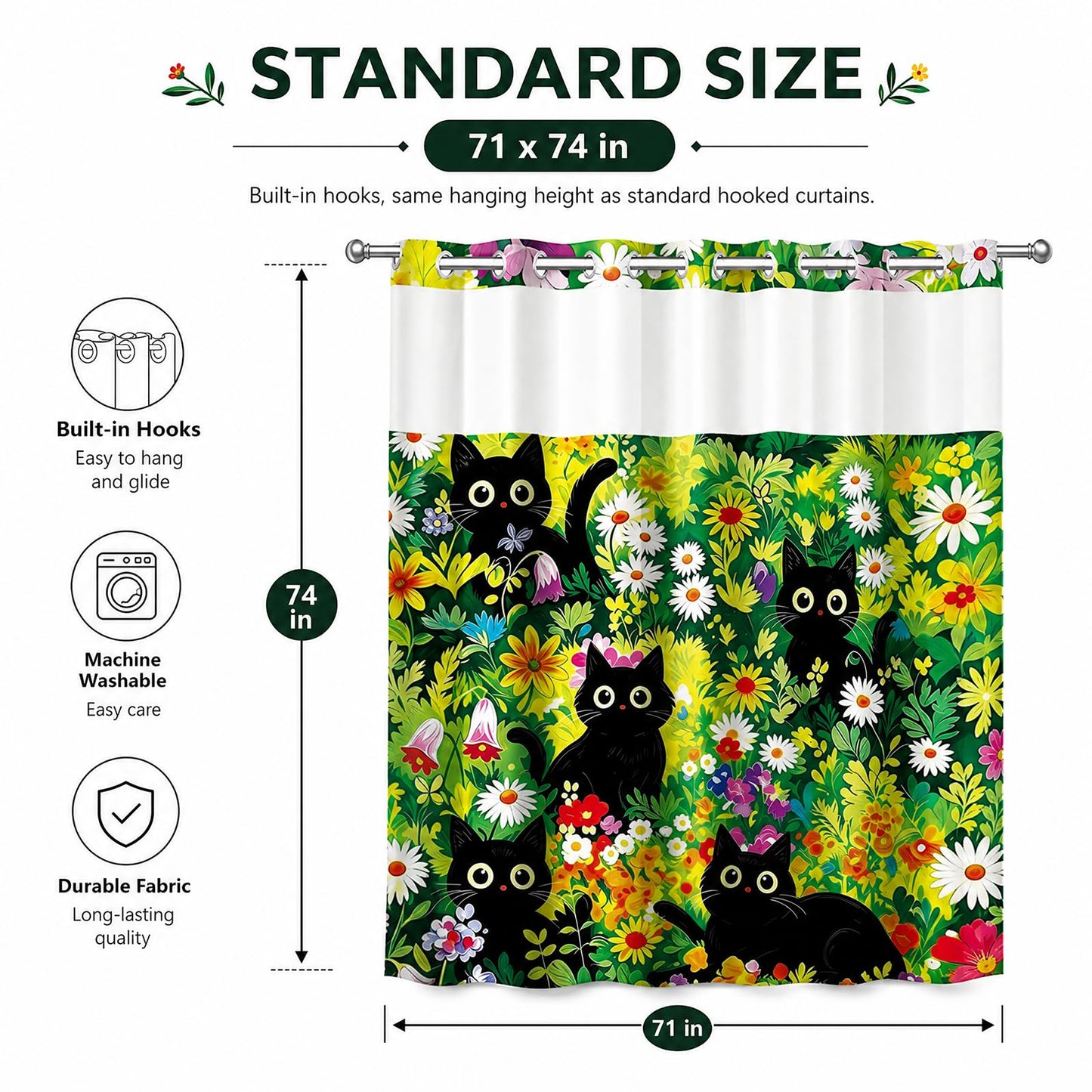 VISSTREE No Hook Shower Curtain and Liner Set, Black Cat Shower Curtain