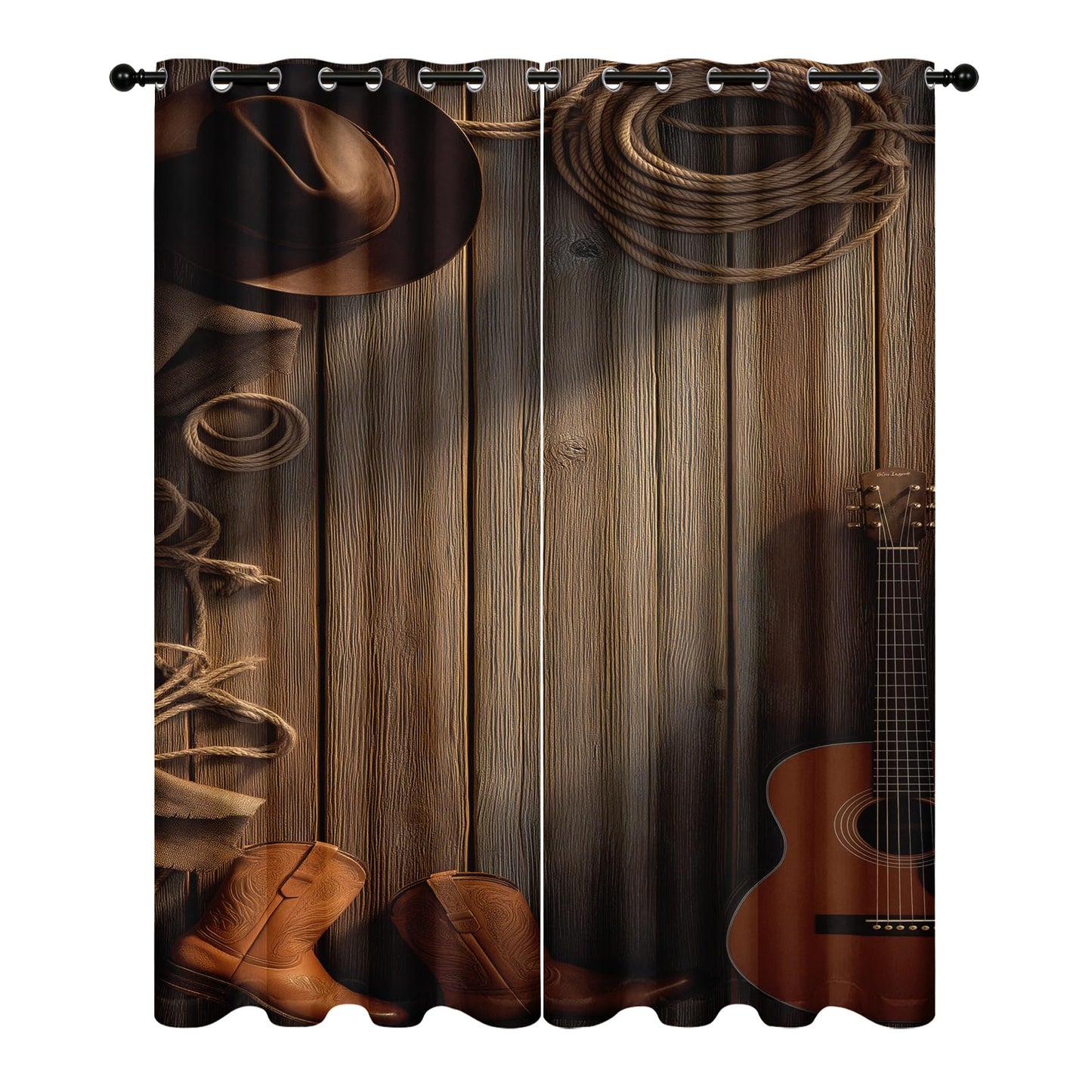Western Farmhouse Patterned Curtains Blackout, Thermal Insulated Room Darkening Grommet Drapes for Kitchen, 54 Inch Curtains 2 Panel Set, Rustic Cowboy Wood Grain Hat Boots Guitar Window Treatments