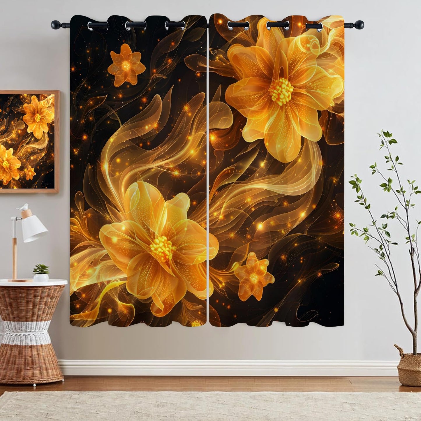 Abstract Golden Flowers Blackout Curtains, Shiny Background Window Curtain Set of 2 Panels, 3D Printed Energy Saving Noise Reducing Drapes for Bedroom Living Room Decor(84" W x 84 "L)