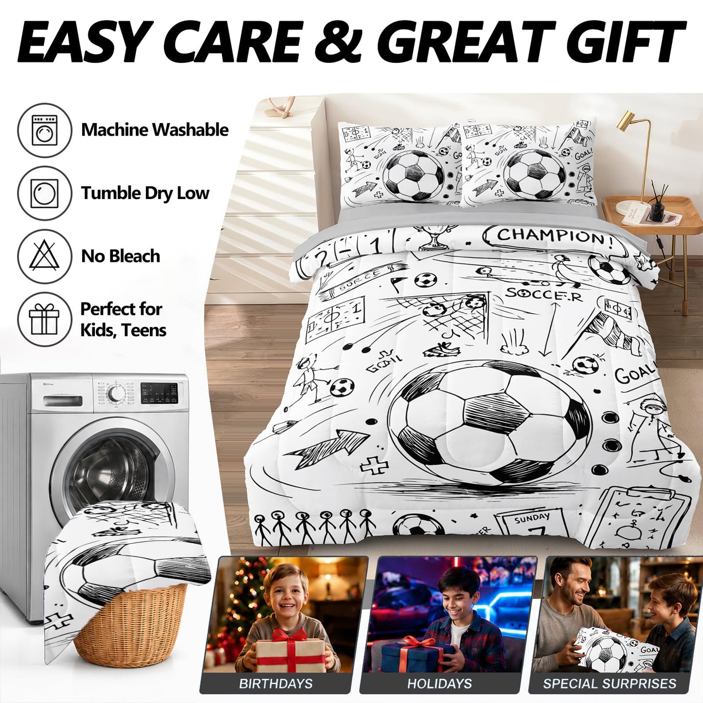HICAND 5 Pcs Soccer Full Bedding Set for Boys Teens, Full Size Sports Sketch Style Soccer Boys Comforter Set with Sheets