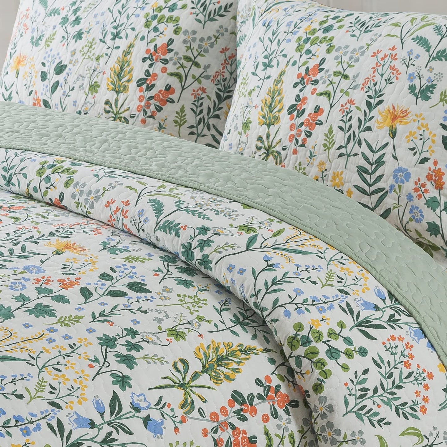 NEWLAKE Cotton Bedspread Quilt Sets-Reversible Patchwork Coverlet Set, Green Classic Floral Pattern, Queen Size