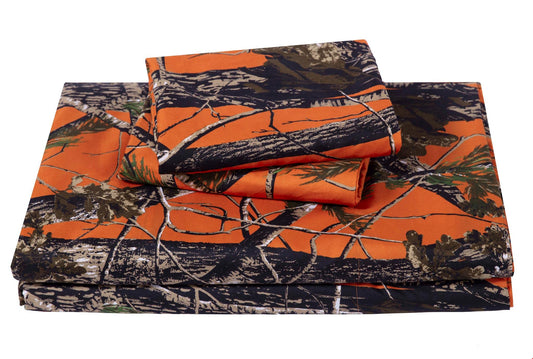 Chezmoi Collection Salem 4-Piece Cabin Lodge Forest Woods Sheet Set - Nature Camo Tree Leaves Printed Soft Microfiber Sheets - Queen, Orange