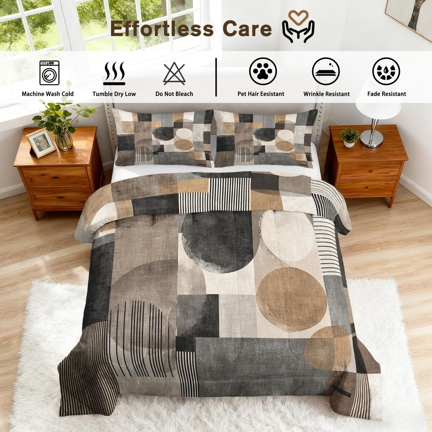 ZDABAOEC Mid Century Modern Queen Comforter Set 3 Piece, 2 Pillow Shams, Abstract Geometric Minimalist Reversible Down Alternative All Season Bedding, Soft Microfiber, Mid Century Bedroom Decor