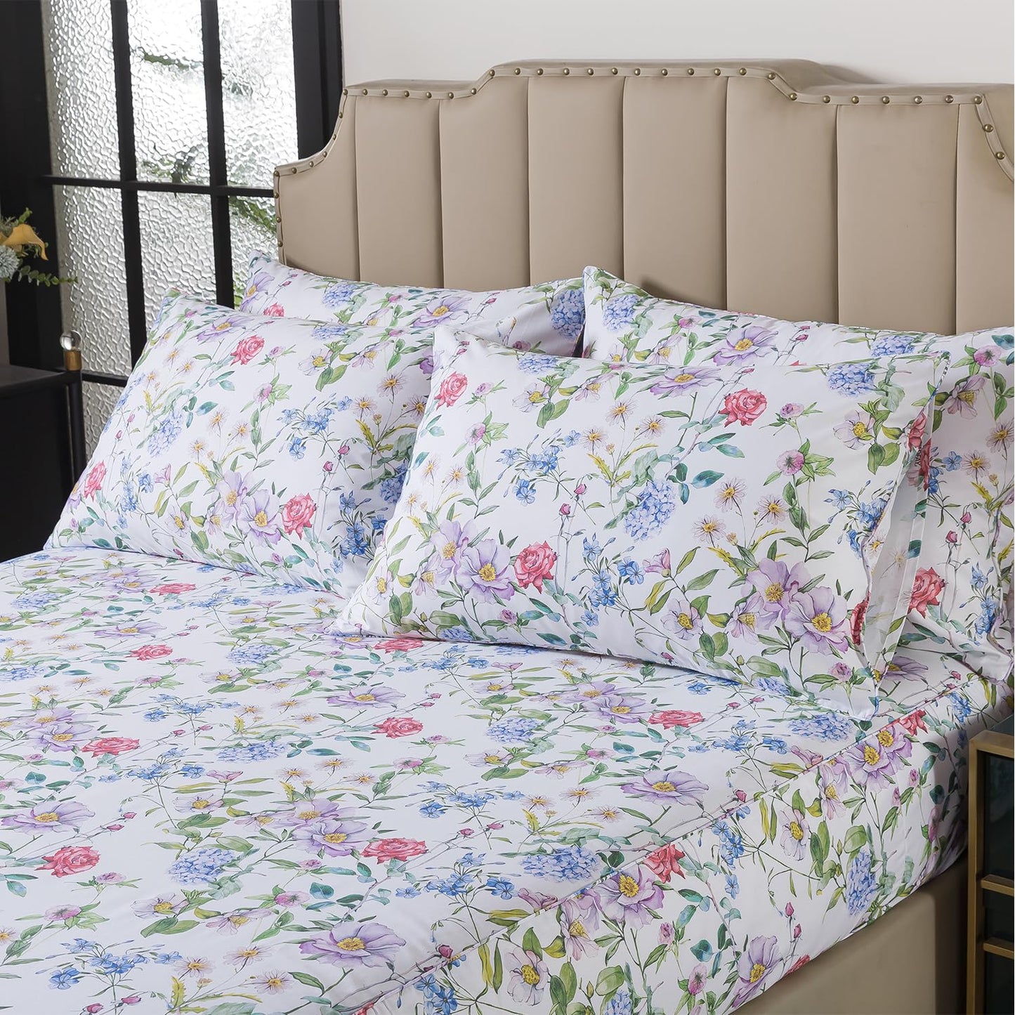 FADFAY Garden Floral Queen Sheet Set, 100% Cotton Botanical Print Bedding, Soft Breathable 4-Piece Bed Sheets with Deep Pocket, All Season