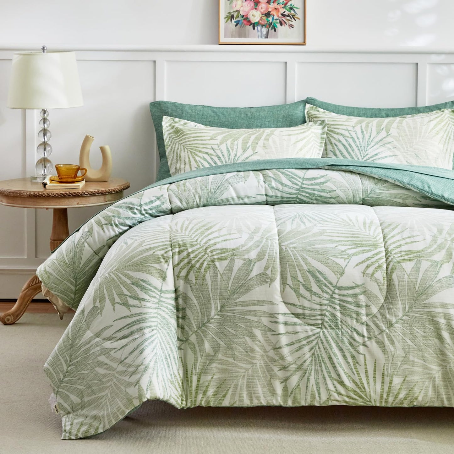 AIKASY Blue Green Queen Comforter Set with Sheets,Bed in a Bag 7-Pieces,Palm Tree Totem Printing Design,Ultra Soft Down Alternative All Season Bedding Set(Queen, Blue Green)