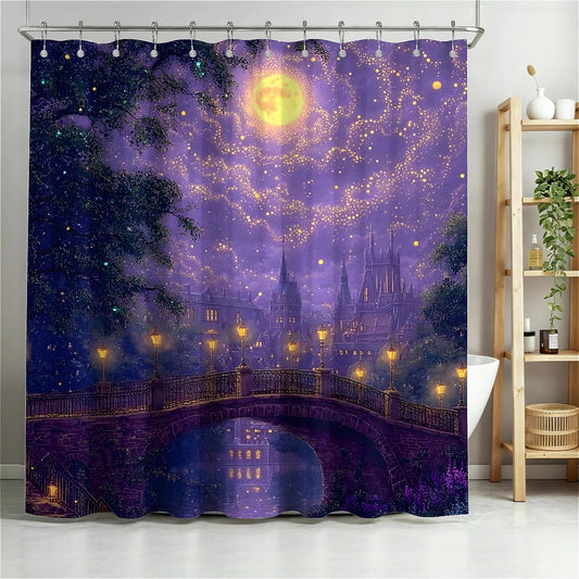 TANGXUNFA Purple Nighttime Landscape Shower Curtain for Bathroom, Water-Resistant Long Shower Curtain Set 72x72 Inch with Metal Grommets and 12 Metal Hooks