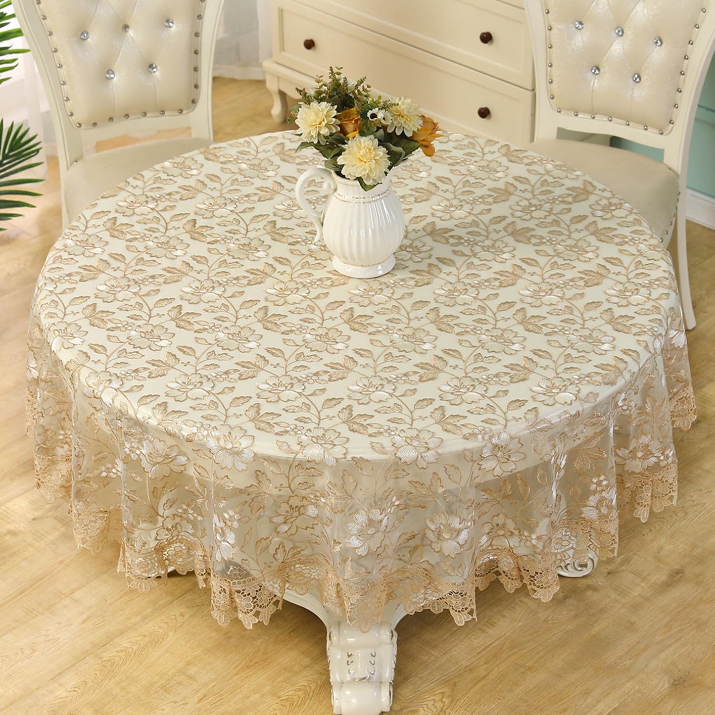 Gold Tablecloth Lace Macrame Vintage Tablecloth Shabby Chic Embroidered Round Table Cover for Kitchen Dining-Room Summer Holiday Outdoor Picnic