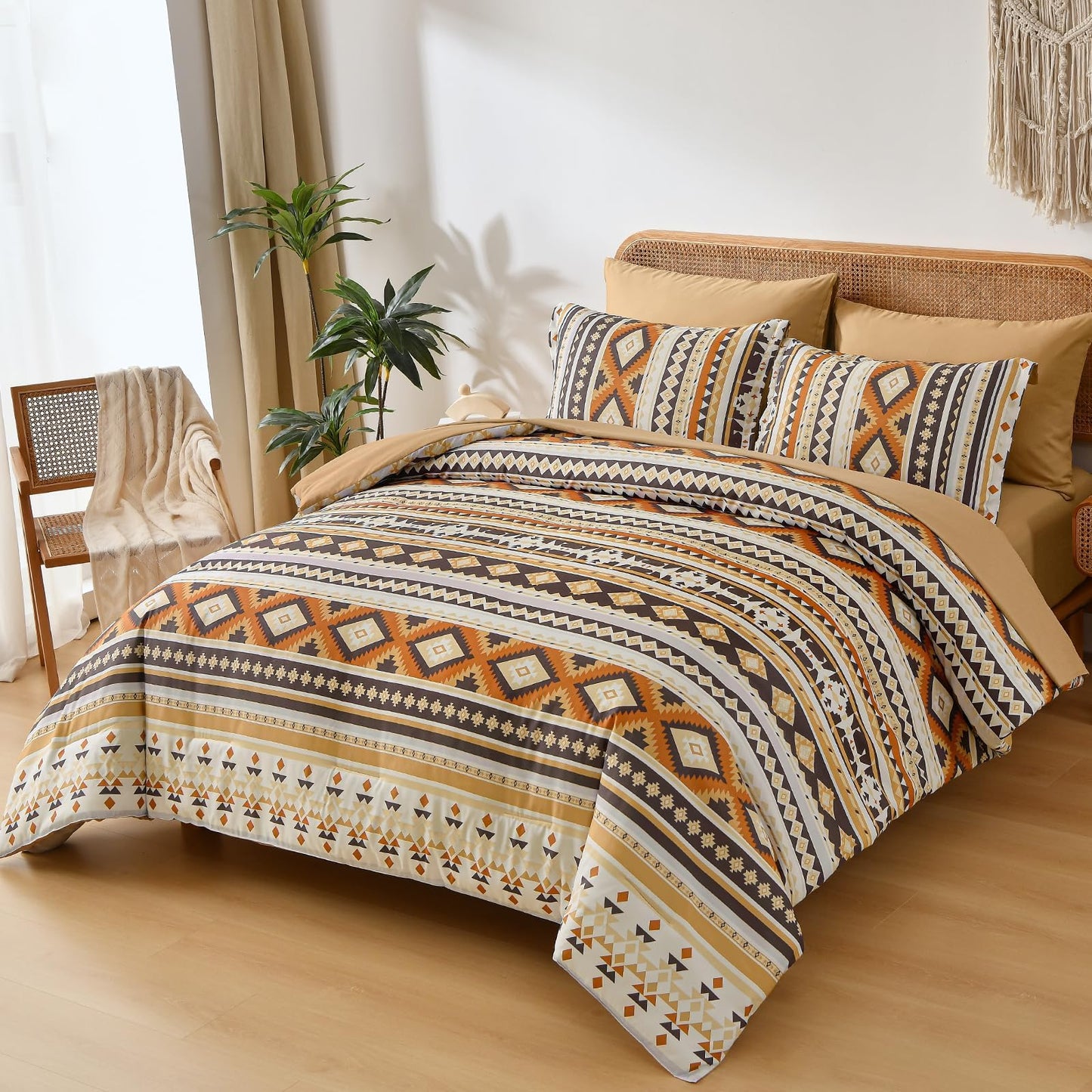 Dinjoy Comforter Set Queen Size Boho,Yellow Brown 7 Pieces Bed in a Bag Queen Bedding Sets Aztec Comforters with Sheets Western Striped Complete Set for Family 90"x90"