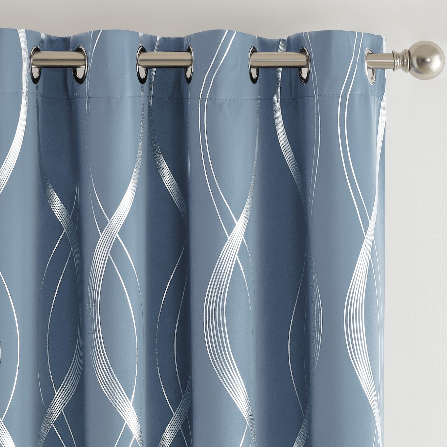 NICETOWN Dusty Blue Patterned Stripe Curtains for Bedroom and Patio, W52 x L84 inch, Wave Line Foil Print Design Morden Home Decor Room Darkening Drapes Room Divider, 2 Panels