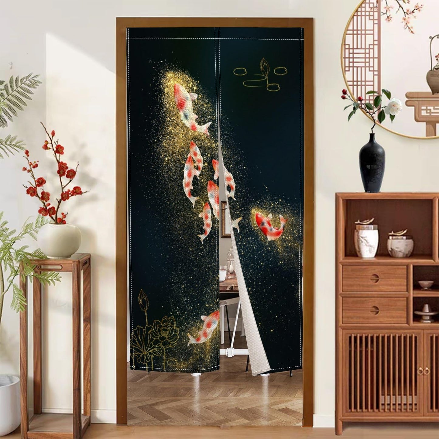 Leowefowa Chinese Ink Painting Doorway Curtain Japanese Noren Kio Fish Door Curtains Asian Feng Shui Tapestry Window Treatment Hanging for Room Privacy Divider Kitchen Home Decor, 33.5"x 70.9"