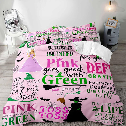 LUVIVIHOME 3PCS Wicked Witch Duvet Cover Queen Bedding Sets, Kids Teens Girls Bedding, Halloween Magic Witch Hat Broom Bat Green and Light Pink Comforter Cover, Witchy Gifts for Women, 2 Pillow Cases