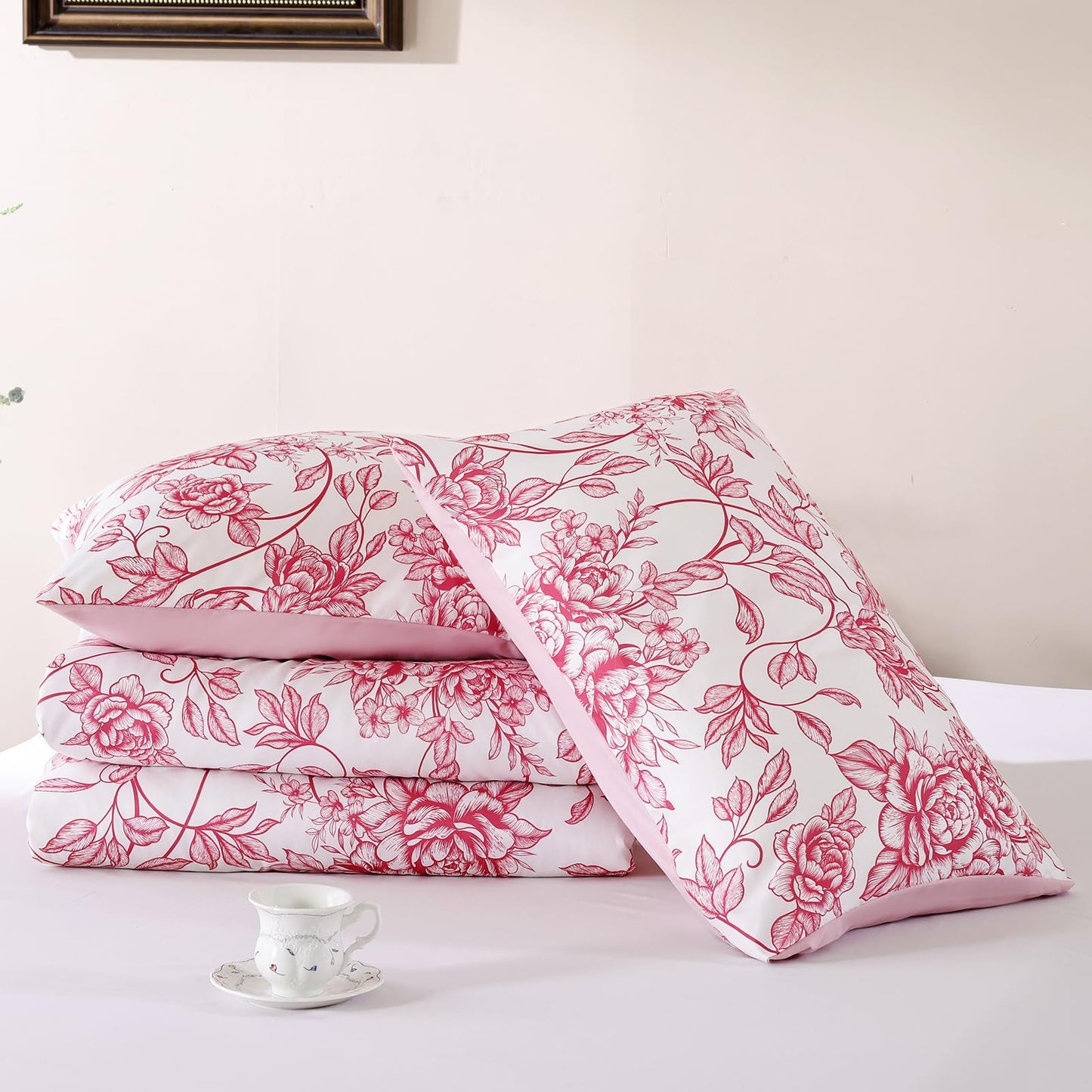 JANZAA King Size Comforter Set - Pink Floral Comforter, 3 Piece Cute Floral Bedding for All Season, 1 Soft Fluffy Breathable Microfiber Comforter Set with 2 Pillow Shams
