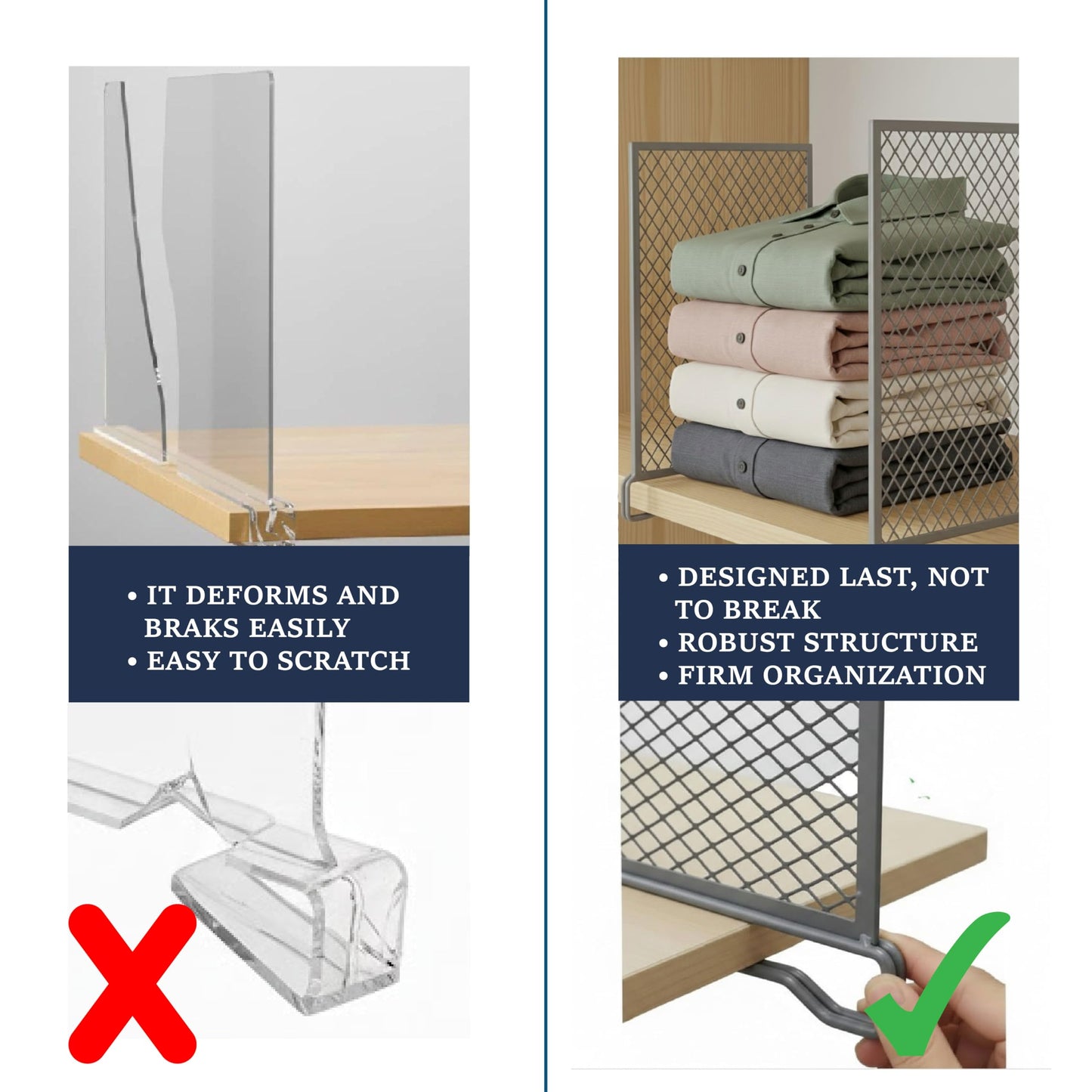 Nexu 6-Pack Metal Mesh Shelf Dividers for Closet Organization, Ultra-Stable Under-Shelf Hook Design, Matte Non-Slip Heavy Duty Purse & Handbag Organizer for Shelving, Kitchen, Office Grey