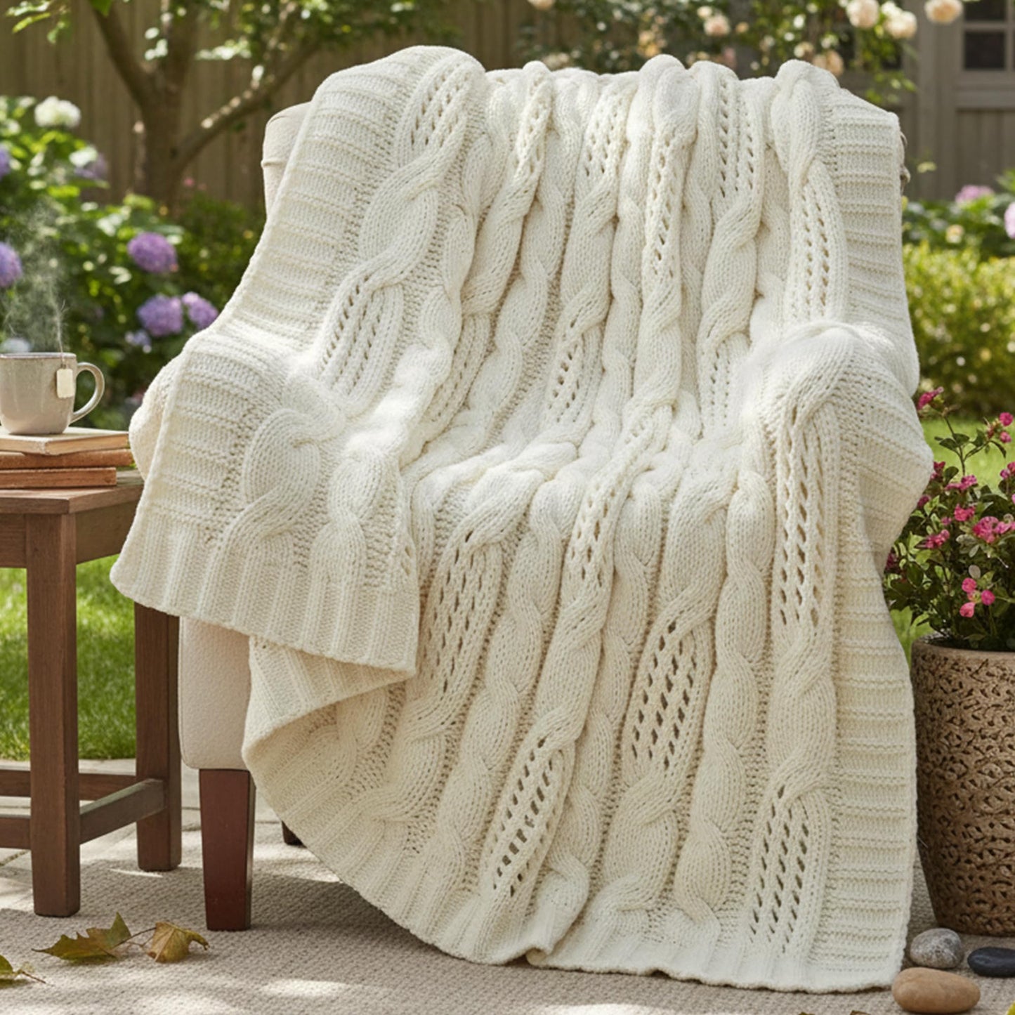Amélie Home Chunky Knit Throw Blanket, Dual-Sided Soft Chenille Breathable Cable Knitted Blanket for Couch, Farmhouse Decorative Throw for Sofa & Chair, 50"x60", Ivory