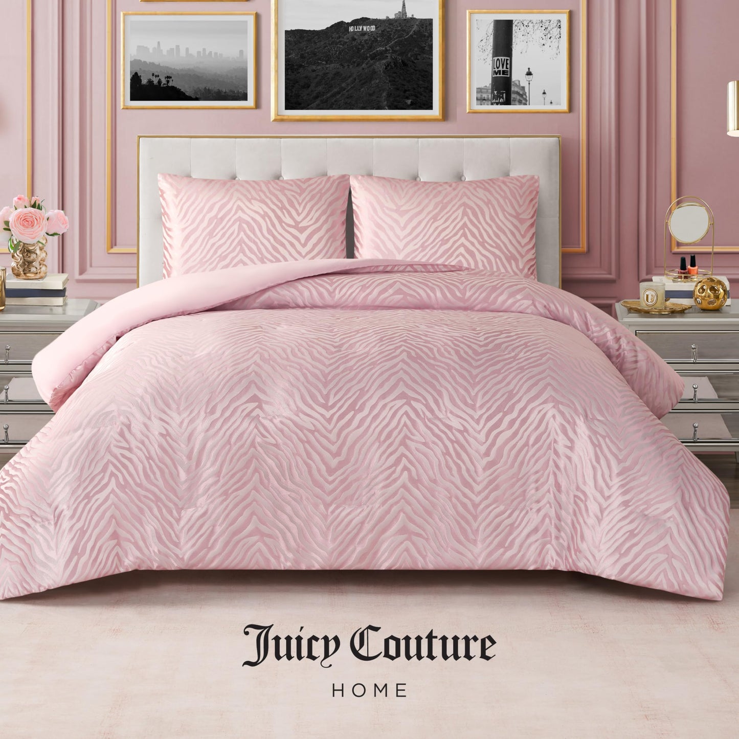 Juicy Couture Pink Marshmallow Sparkle Zebra Jacquard King Comforter Set - 3 Piece Stylish Bedding Ensemble