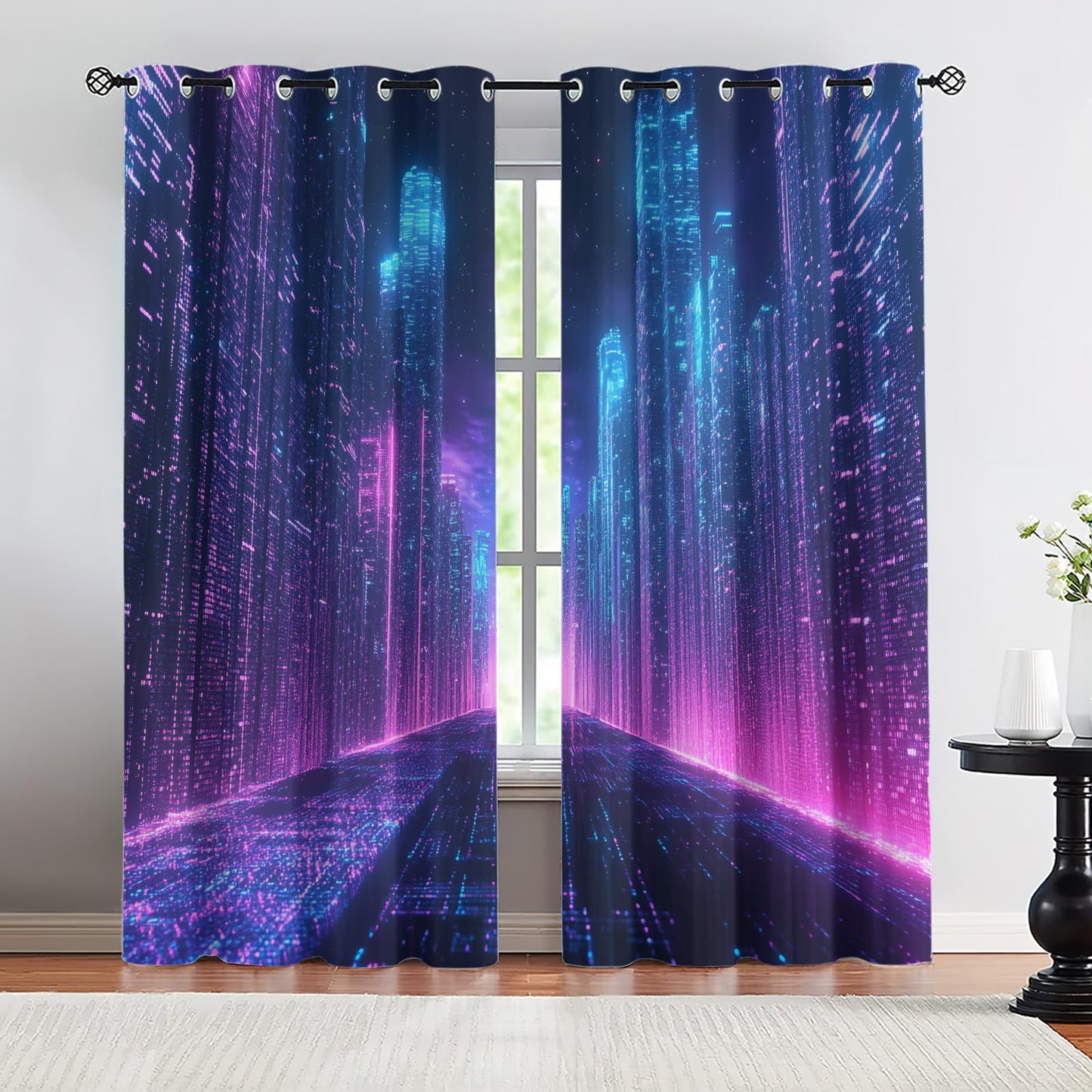 XAFIAUR City Neon Blackout Curtains, City Buildings Printed Drapes, Cyberpunk Thermal Insulated Drapes 2 Panels Darkening Window Curtain for Bedroom Living Room 27" W x 39" L x2