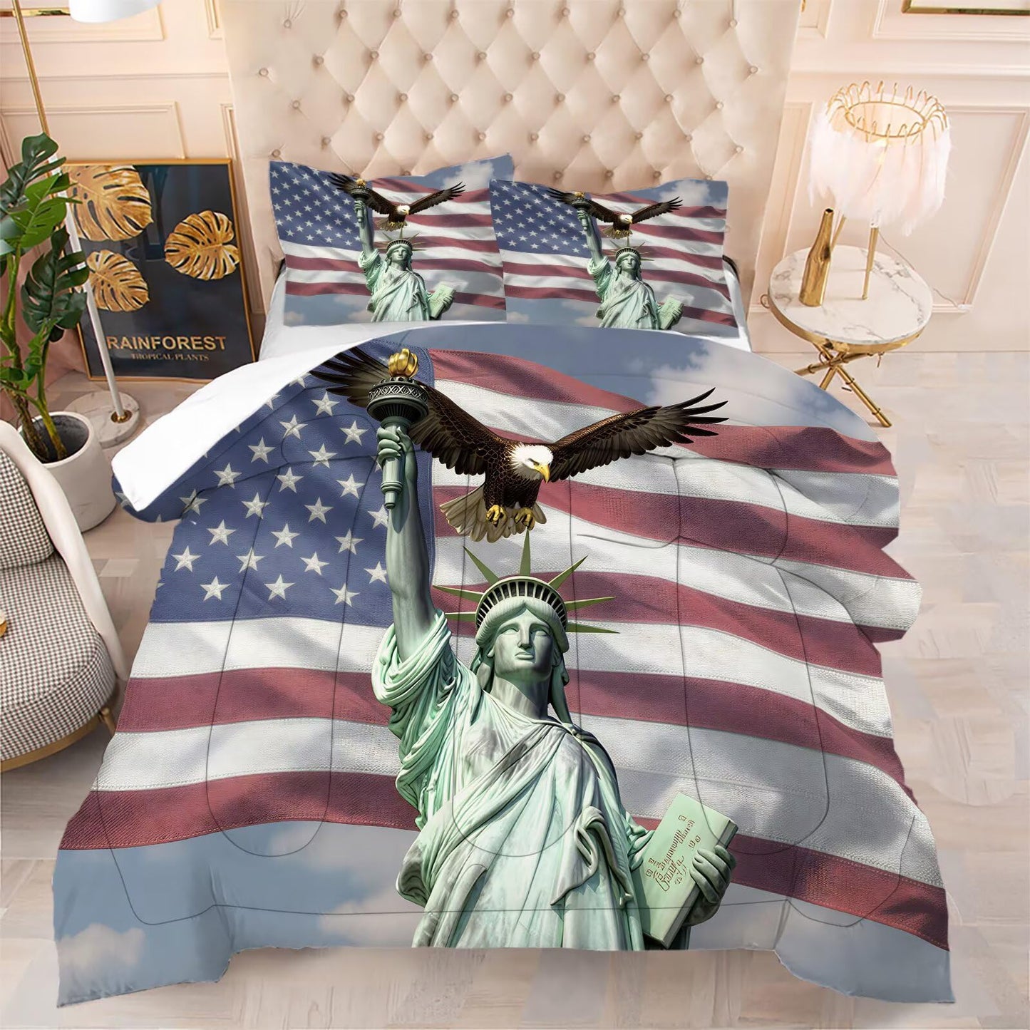 DJNEAR Eagle Comforter Set Full Size Stars Stripes USA American Flag Bedding Sets for Boys Kids Teens Adults Bedroom Decor Statue of Liberty Quilt 1 Comforter 2 Pillowcases