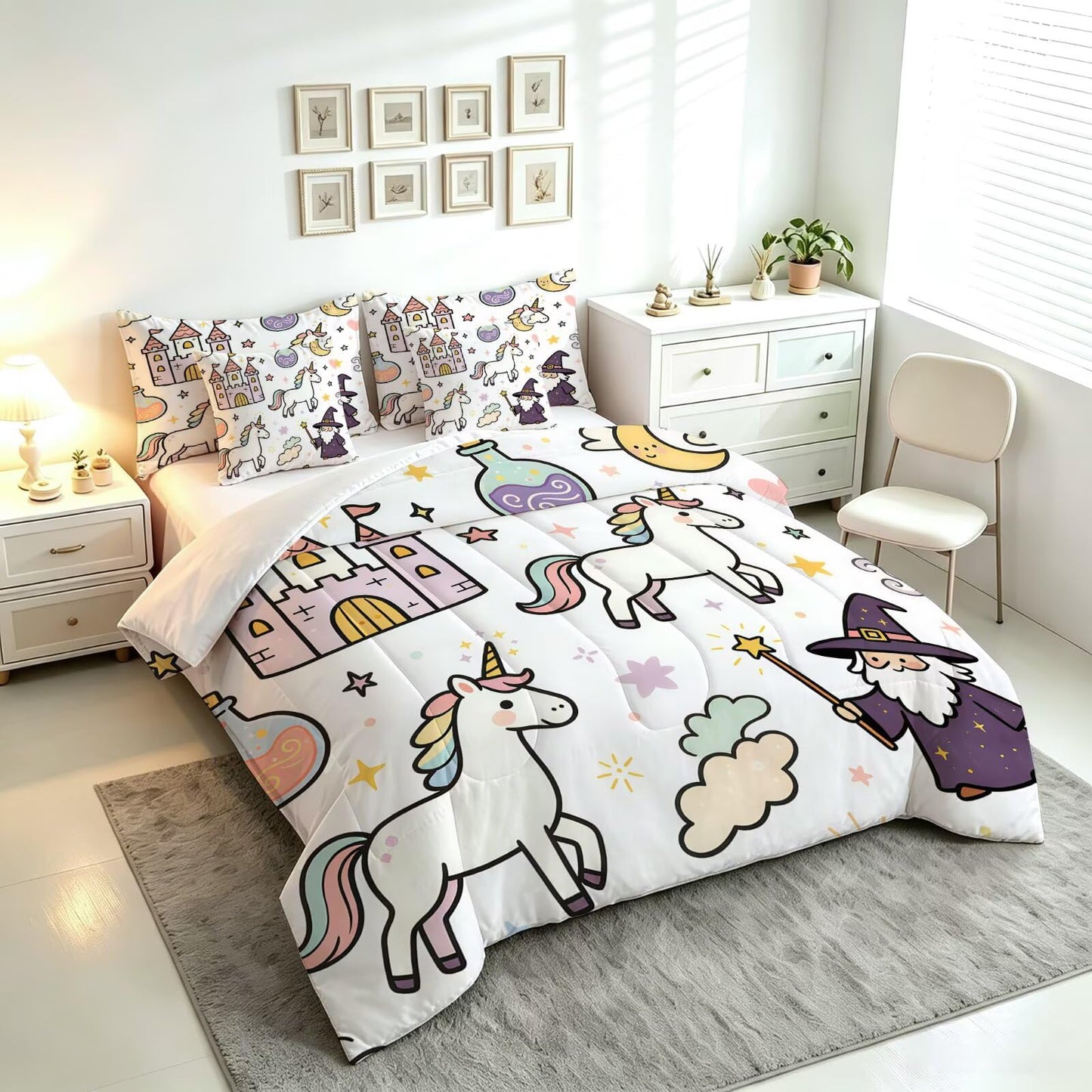FUYEUN Cartoon Cute Unicorn 7 Piece Twin Comforter Set for Girls Toddler