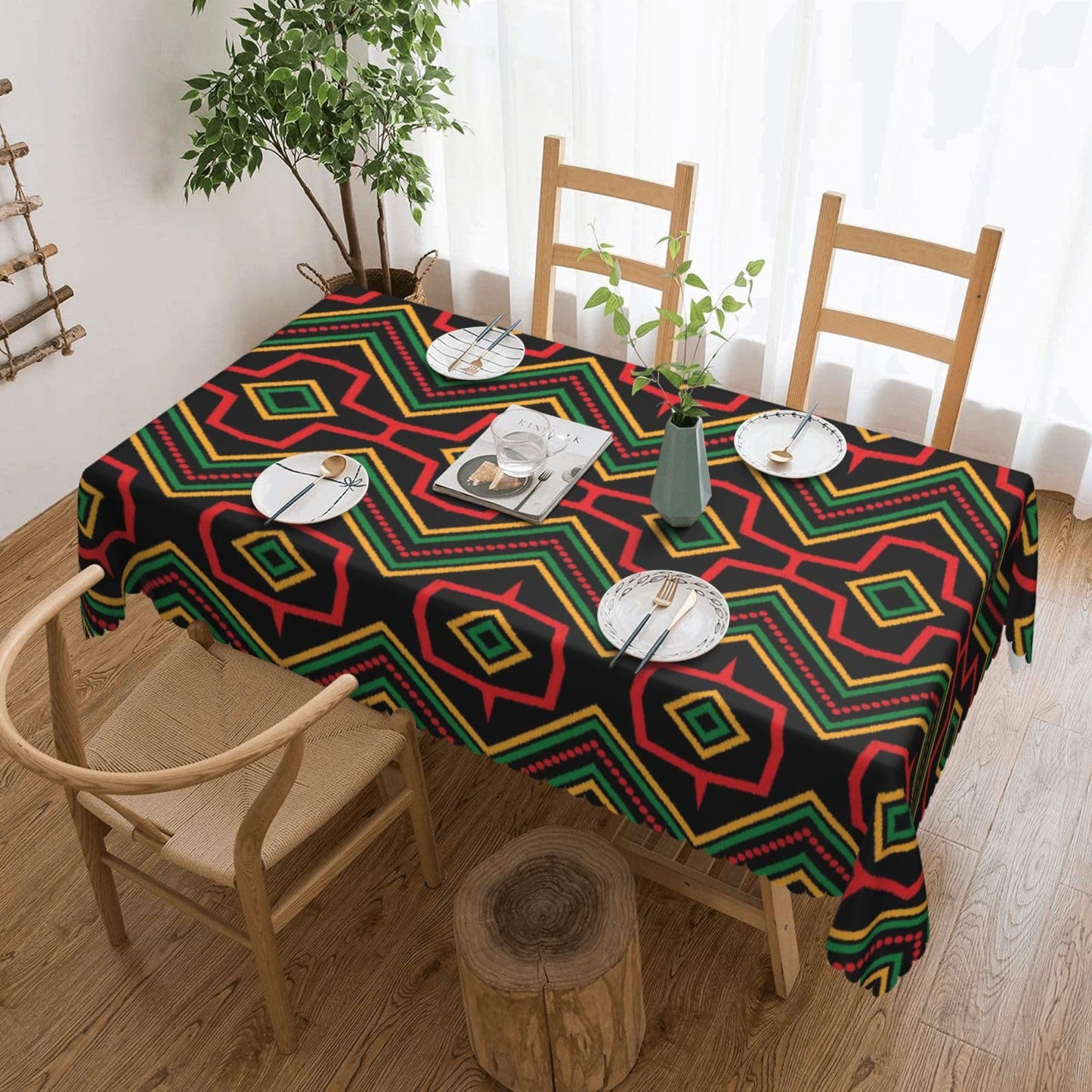 GOUROISE Ethnic African Ikat Print Rectangular Tablecloth, African Ethnic 54x72 Inch Wavy Lace Border Polyester Table Cloth for Dining, Kitchen, Parties