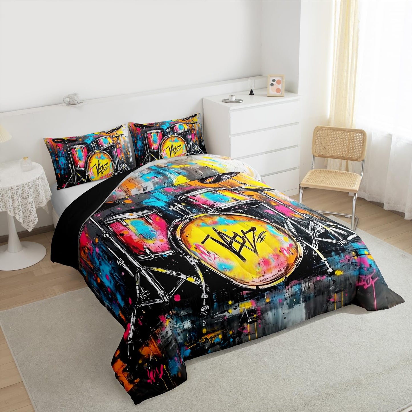 Erosebridal Rock Drum Kit Bedding Set Queen Graffiti Musical Instrument Comforter Set for Kids Boys Girls Music Theme Down Comforter,Rock Music Lovers Quilt Duvet