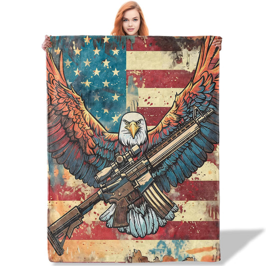 Plistiz Eagle & Rifle Veteran Throw Blanket 40"x50", American Flag Patriotic Army Theme Blankets for Living Room Couch, Home Decor, Soft Flannel Eagle Veteran Gifts for Adults and Men