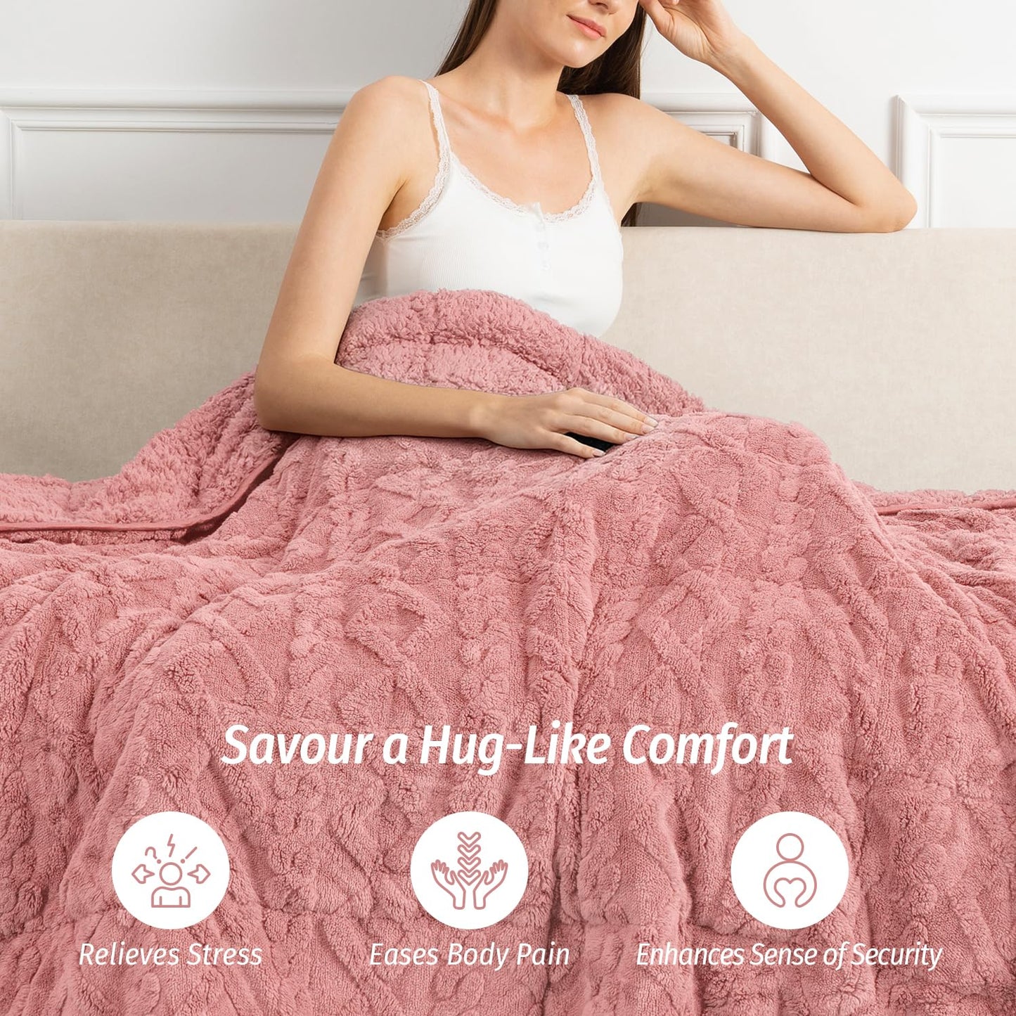 Wemore Weighted Blanket for Adults Twin Size 15 lbs, Dual Sided Soft Fuzzy Jacquard Sherpa Weighted Blankets, Cozy Fluffy Knitted Heavy Blanket, Apricot Pink, 48 x 72 inches