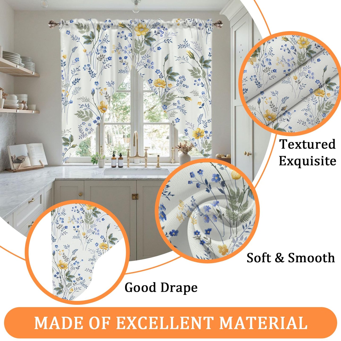 CAPSCEOLL Swag Valances Curtains Floral Leaves Rod Pocket Window Curtains for Kitchen & Bathroom, Farmhouse Decor - 2 Panels 29x36 Inches