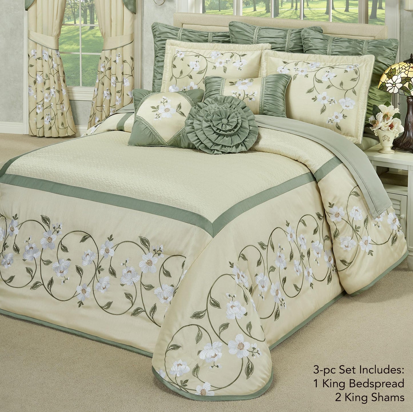J. Queen New York Luxurious Garden Walk Bedding | Sophisticated Polyester Faux Silk Quilted Magnolia Flower Embroidery | Vanilla Cream Sage | 3 Piece Set: King Oversized Bedspread and 2 King Shams