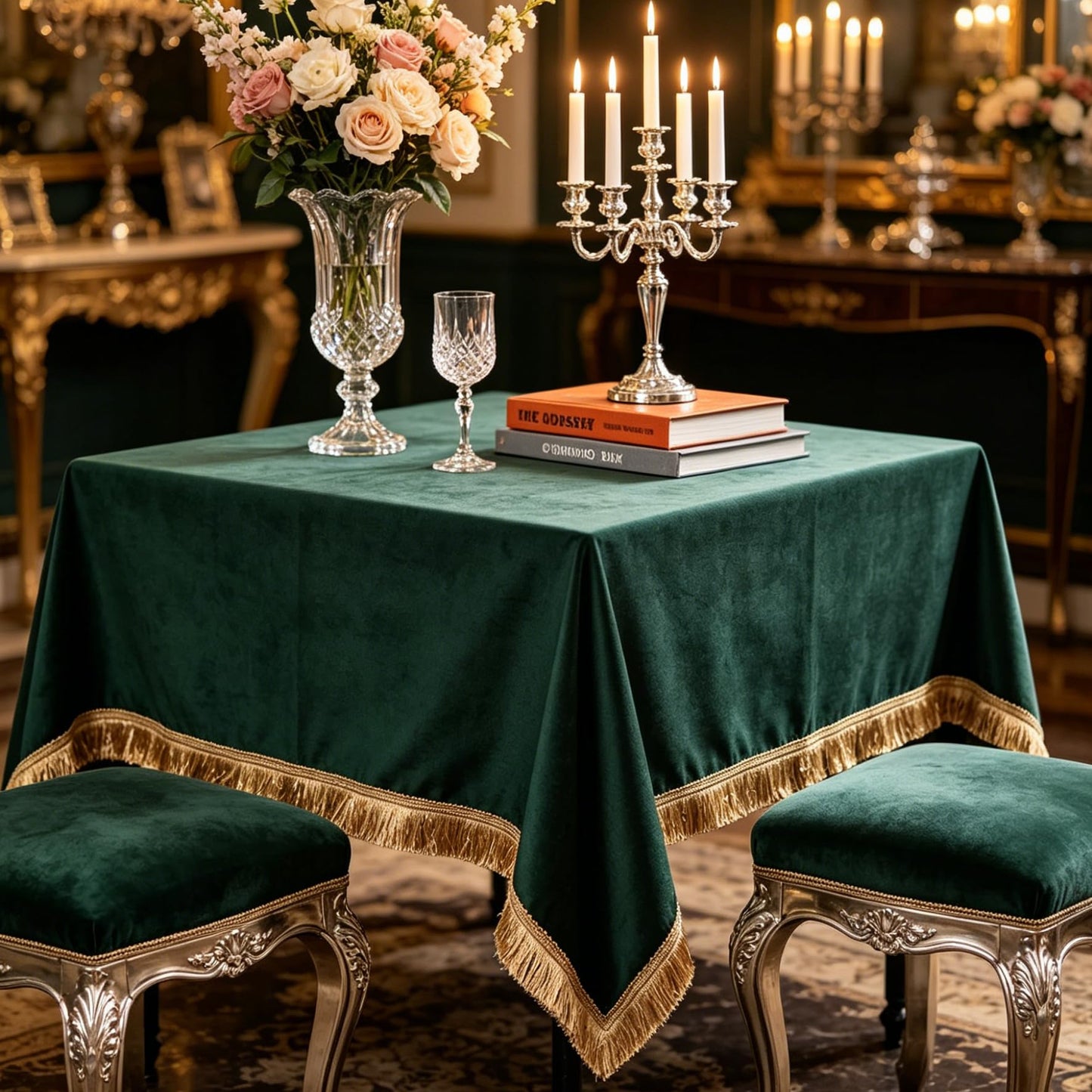 FAIRY KAARI Velvet Tablecloth Luxurious Green Rectangle Table Tablecloth Thickset with Luxurious Gold Tassels Table Cloth for Home Decor Christmas Wedding, Party, Banquet and Events 55X55inch