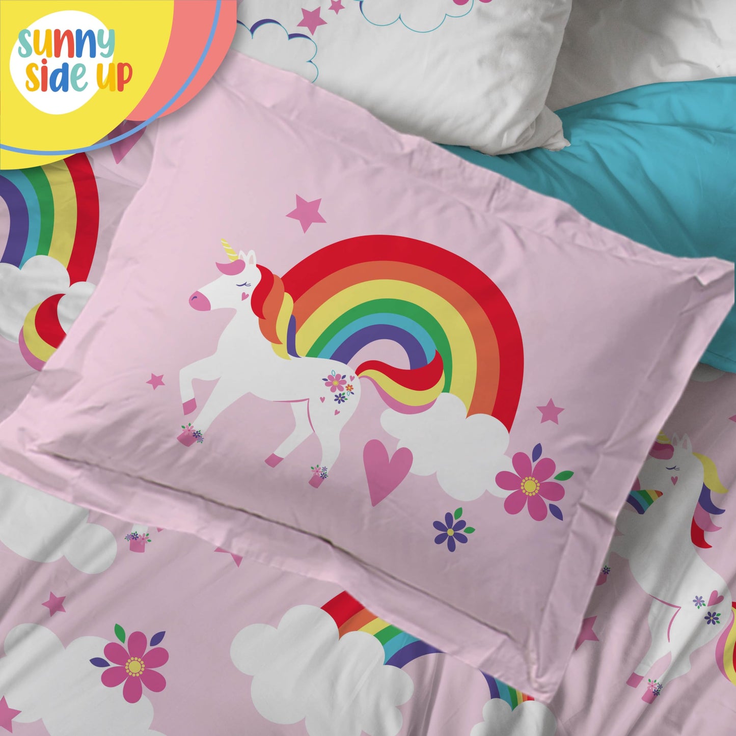 Sunny Side Up Rainbow Unicorns Full Comforter Set - 7 Piece Kids Bedding Includes Comforter, Sheets & Pillow Cover - Super Soft Pink Floral Microfiber Bed Set