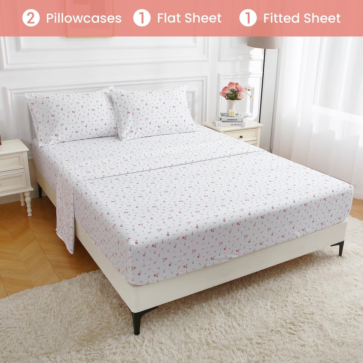 Softan Pink Floral Queen Sheet Set Flower Bed Sheets Queen Size - 4 Piece Microfiber Patterned Fitted Bed Sheets with 15" Deep Pocket, Cozy Cute Pink Flower Sheets and Pillowcase Set