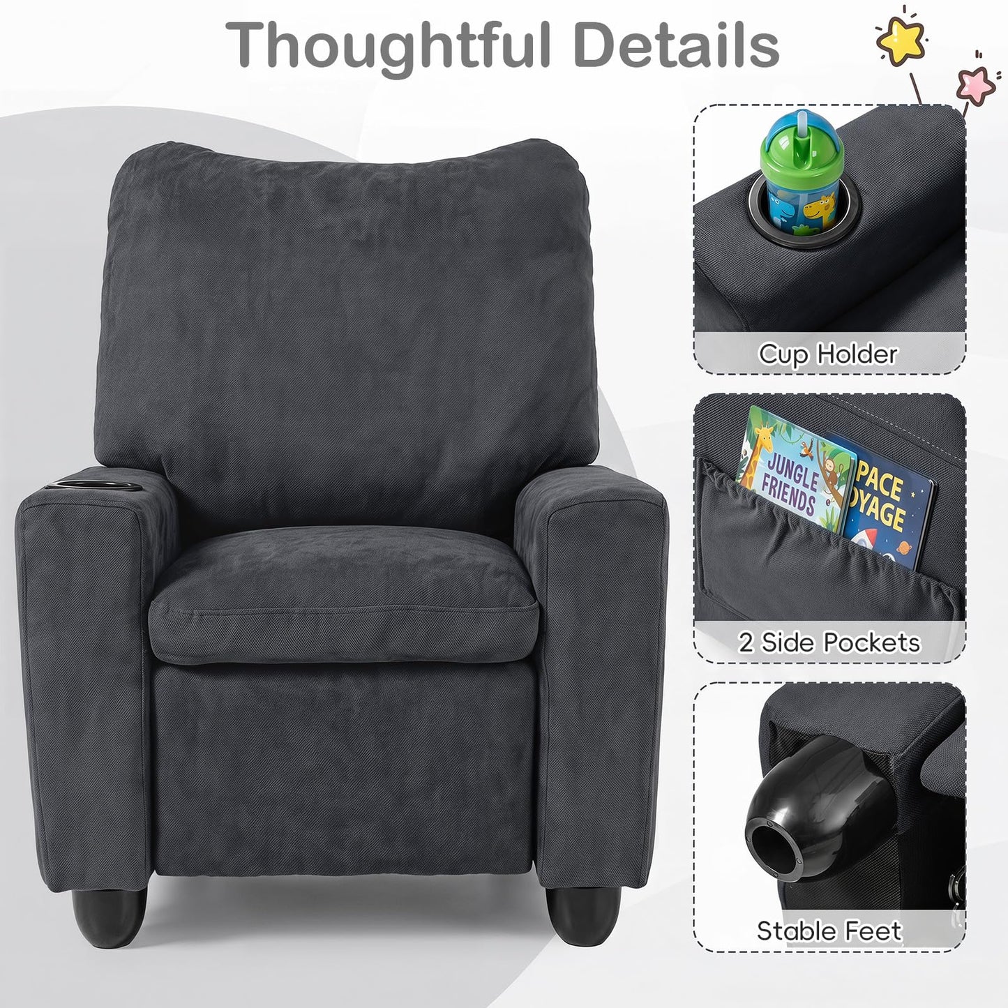 Costzon Kids Recliner Chair with Cup Holder, Toddler Adjustable Lounge Chair w/Footrest for Boys Girls Room, Ergonomic Baby Child Furniture Sofa for Age 3+ Gifts, Kids Mini Recliner up to 150 lbs