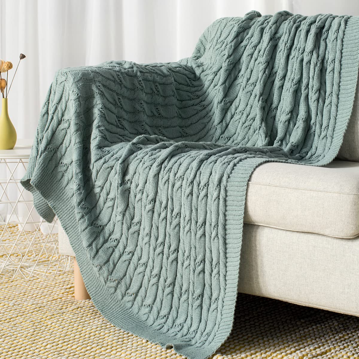 Carriediosa Chunky Knit Throw Blanket & Cable Knit Throw Blanket， 50" X 60" Sage Green