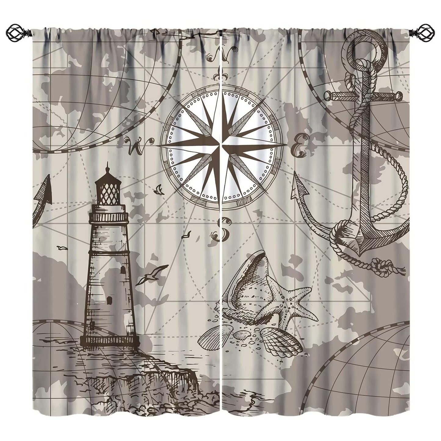 XBDDZSW Nautical Sailboat Map Curtains Sketch Pirate Ship Wheel Compass Starfish Coral Reef Nautical Map Pattern Print Window Drapes for Bedroom Living Room Kitchen Decor,2 Panel Set,42x45 Inch Decor