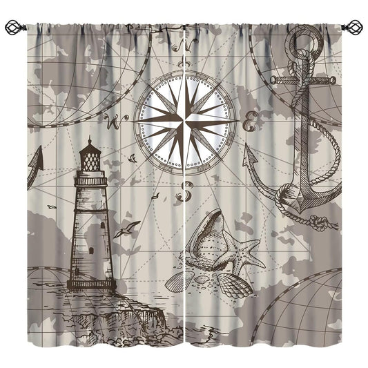 XBDDZSW Nautical Sailboat Map Curtains Sketch Pirate Ship Wheel Compass Starfish Coral Reef Nautical Map Pattern Print Window Drapes for Bedroom Living Room Kitchen Decor,2 Panel Set,42x45 Inch Decor
