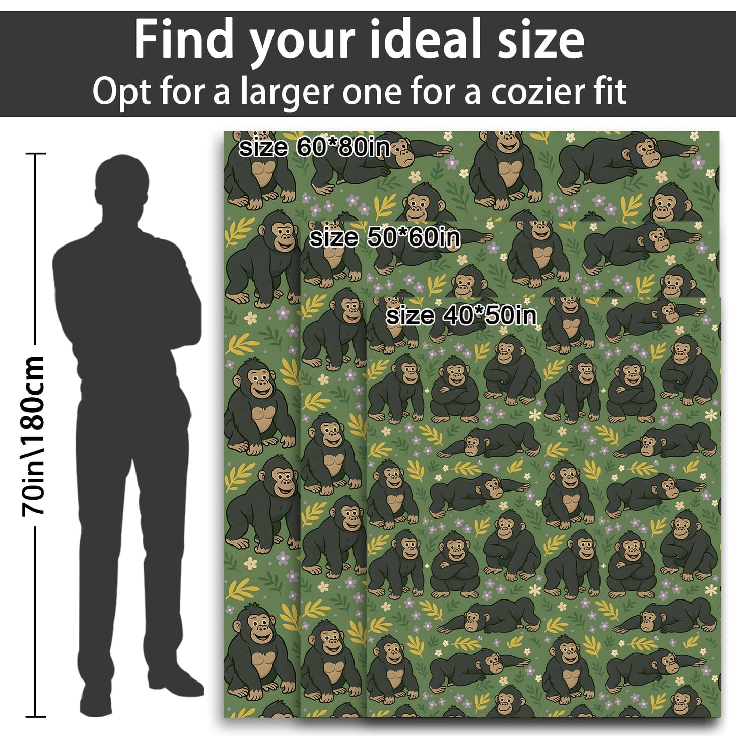 Cute Gorilla Pattern Fleece Blanket for Boys Girls Kids, Cozy Soft Jungle Animal Theme Blankets Gifts for Women, Adults, for Bedroom, Travel, Camping, Sofa, Room Decor 50x60 in