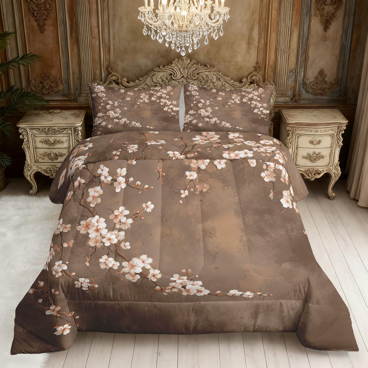 TANCAPRIUM Japanese Cherry Blossom Comforter Set Twin - Floral Bedding Set & 2 Pilow Cases for All Season - Soft Reversible Down Alternative 3 Piece. Flower Bedrom Decor