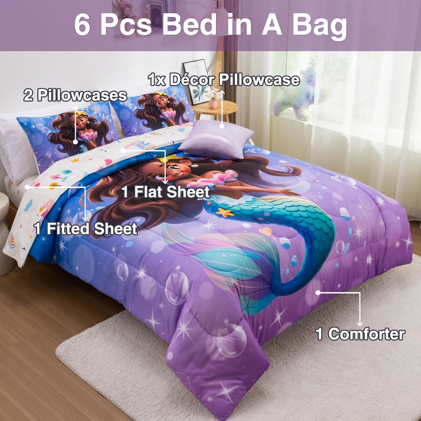 A Nice Night Mermaid Wearing Starfish Hair Accessory Queen Comforter Set for Girls, Ocean Theme Twin 6-Piece Bed in a Bag with Sheet Set & Pillowcases
