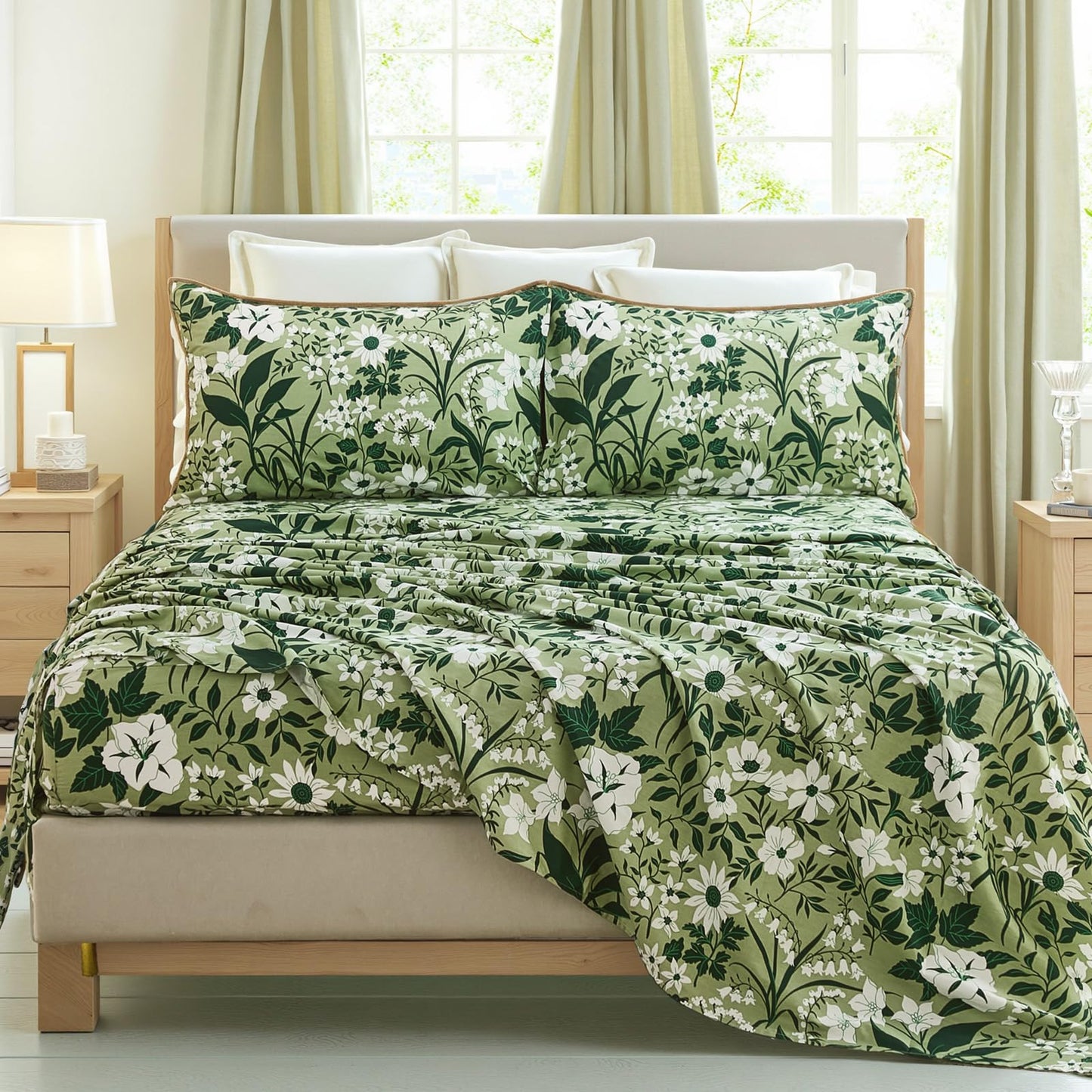 Cozaline 100% Cotton Sheet Set Queen Size – 4-Piece Luxury Forest Green Floral Bedding, Soft Breathable Percale Weave, Deep Pocket Fitted Sheet 17.5", Crisp Cool Feel, Refined Botanical Elegance