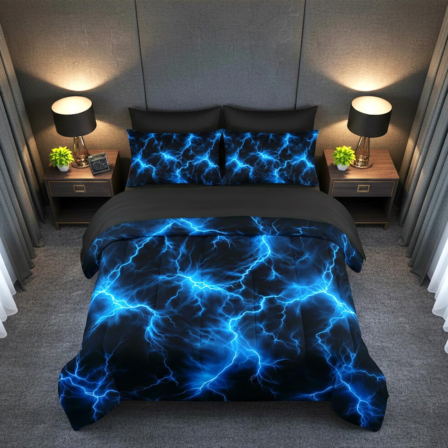 QOOMO Blue Lightning 7 Pieces Comforter Set Queen Size,Lightning Bedding Set for Kids-Include 1 Comforter,1 Fitted Sheet,1 Flat Sheet,2 Printing Pillowcases and 2 Black Pillowcases