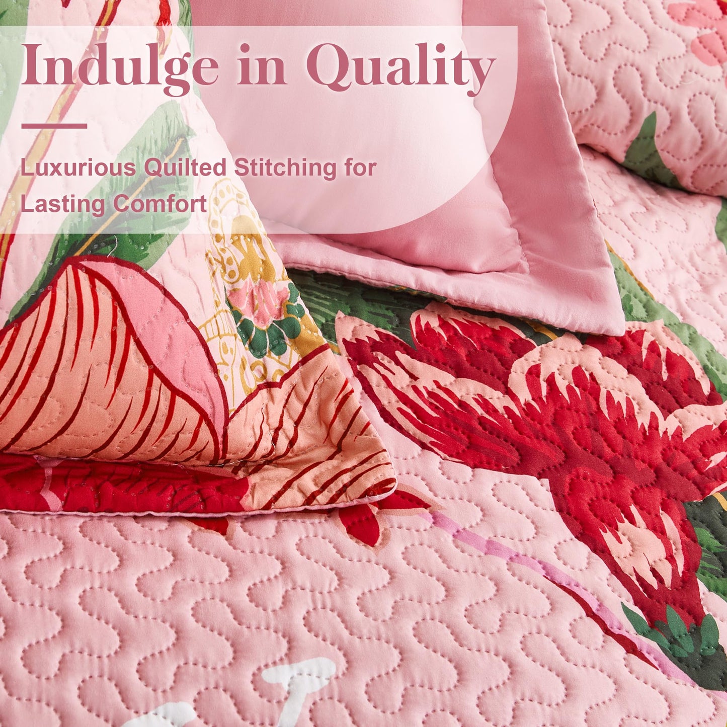 Tyrot 3 Piece Pink Boho Floral Full/Queen Quilt Sets Farmhouse Botanical Reversible Lightweight Bedspread with 2 Shams Butterfly Microfiber Bedding Quilts Set for All Season, 90''x96''