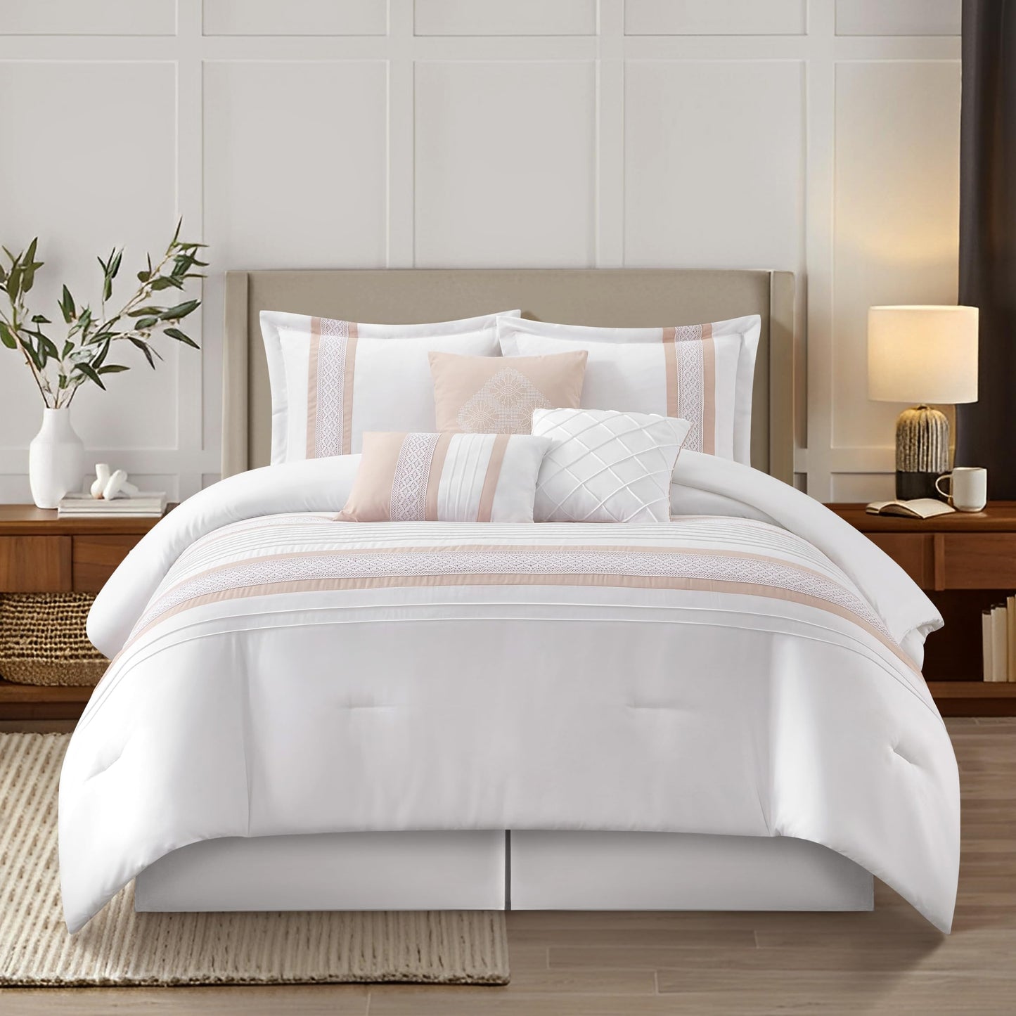 Stratford Park Striped 7 Piece Pink White Comforter Set, Queen Size Microfiber Bedding, All Season Bedding Set, Bed Skirt, Pillows & Shams