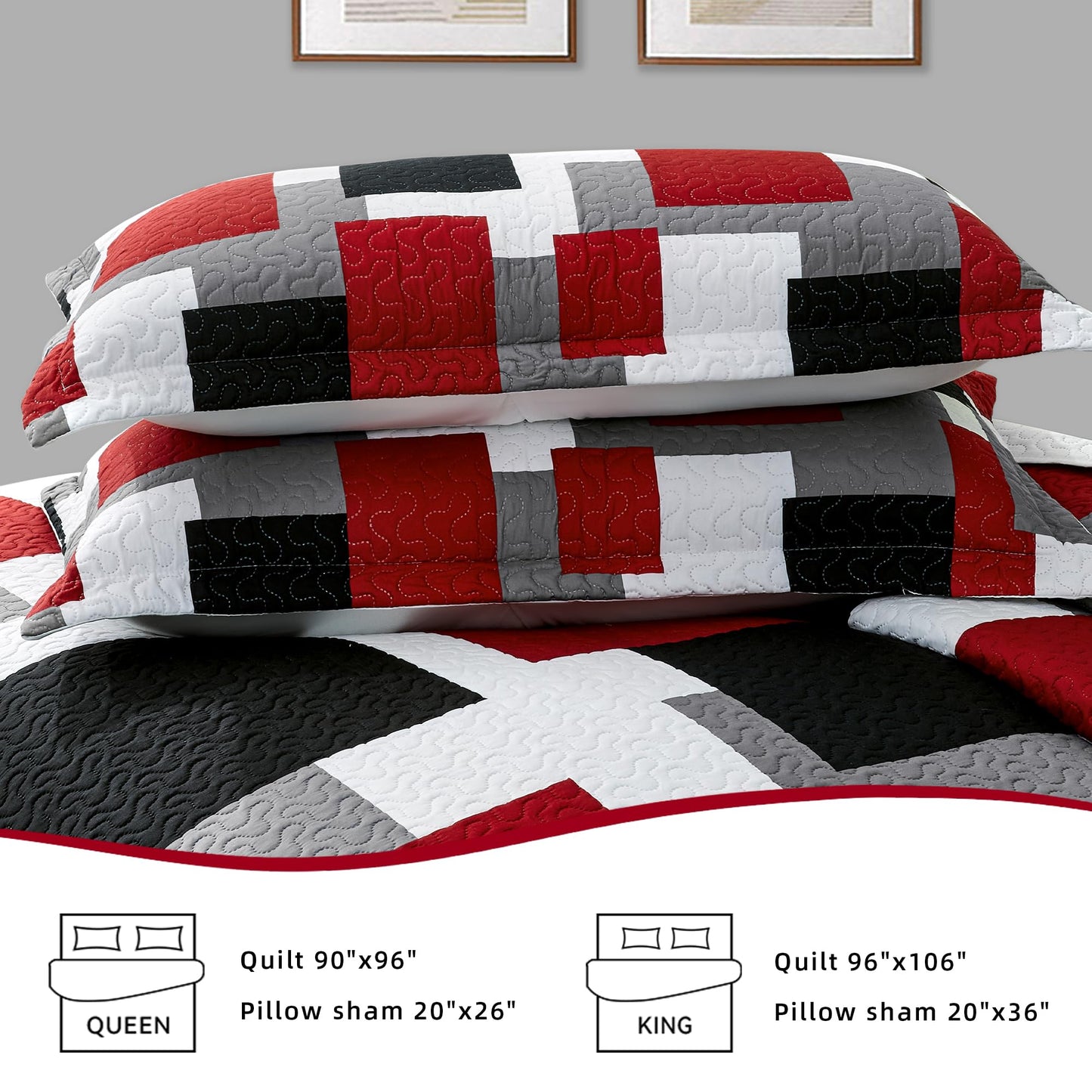 Tyrot 3 Piece Red Black Grey Quilt Set King Size Red and White Geometric Reversible Bedding Set Microfiber Lightweight Bedspread Coverlet with 2 Shams Modern Bed Cover for All Season, 106''x96''