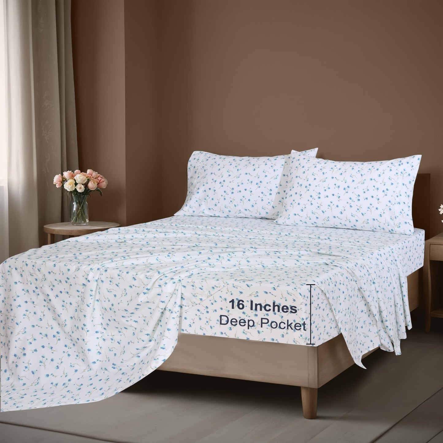 ZOYER 100% Cotton Percale Sheets Queen – Cooling Breathable Bed Sheets for Hot Sleepers, Crisp Hotel Style Bedding, Deep Pocket 16”, Lightweight Soft Durable 4 Pcs Sheet Set, La Laa Flower