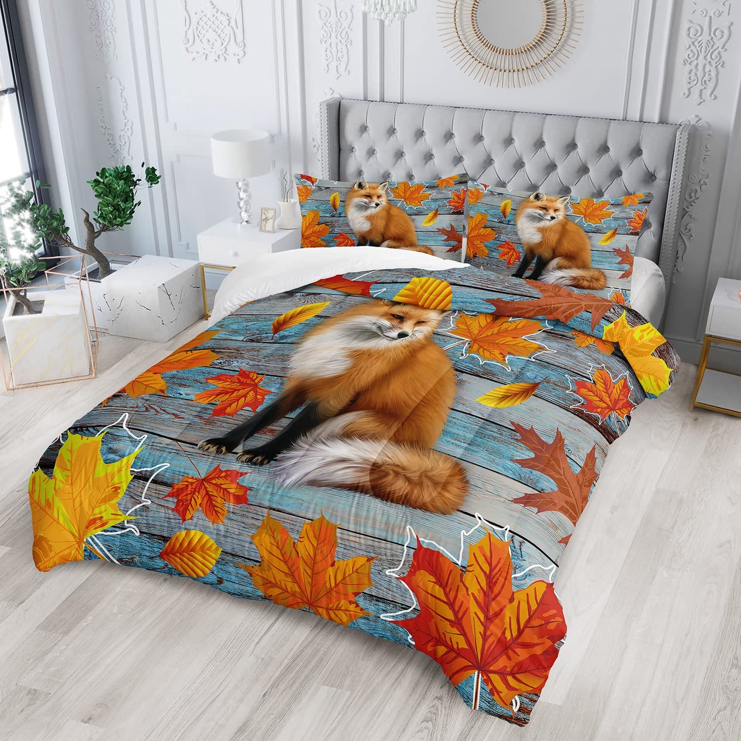 AILONEN Fox Comforter Set for Teens, Cartoon Printed Bedding Twin Size, Animals Bed Set for Bedroom, 3 Piece With 1 Comforter and 2 Pillowcases