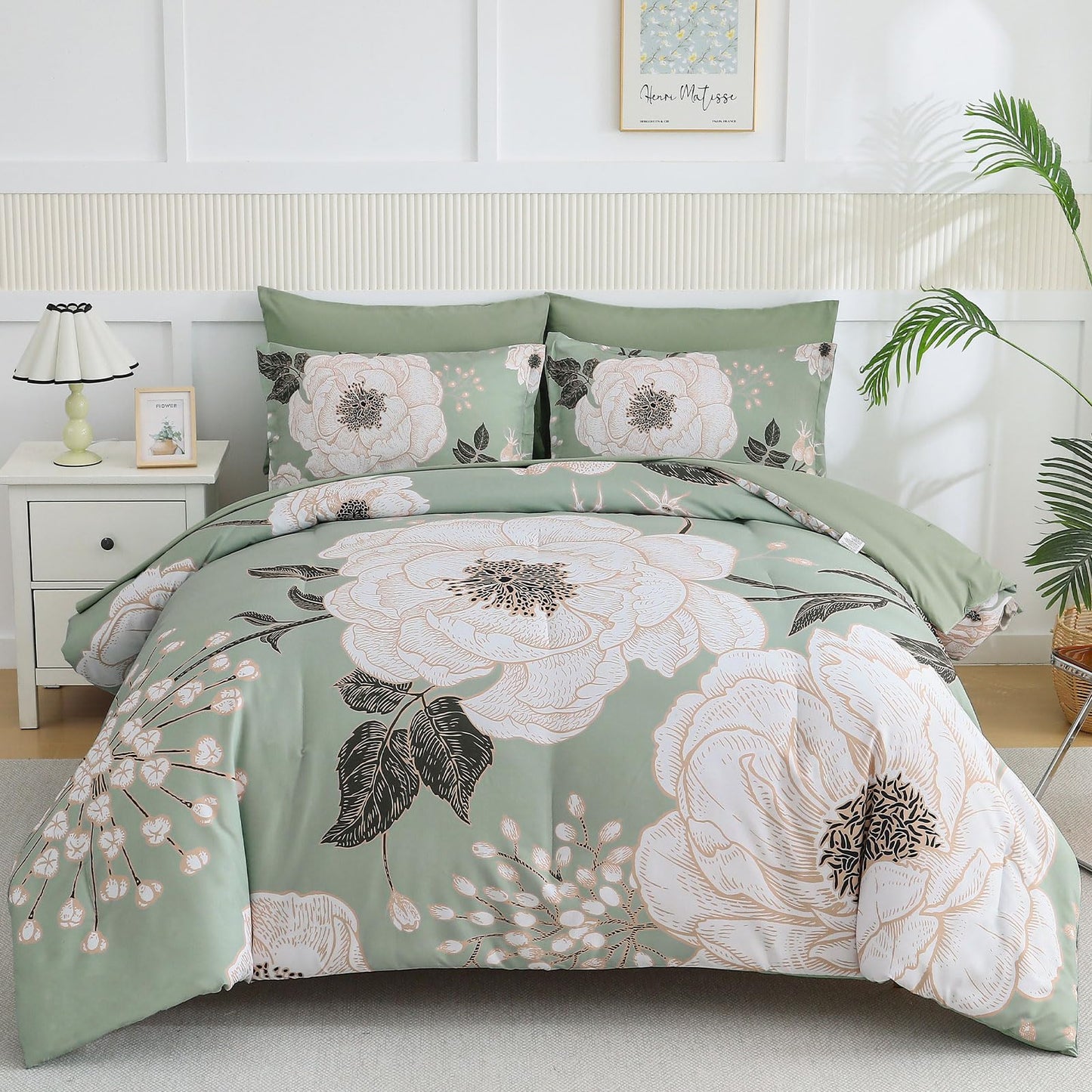 Luxudecor Floral Queen Comforter Set 7 Pieces Bed in a Bag, White Flower Print on Green Bedding Set, Soft Reversible Comforter with Sheet Set 90"x90"